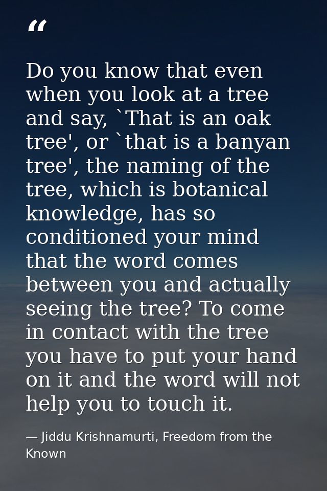 Do you know that even when you look at a tree and say, `That is an oak tree', or `that is a banyan tree', the naming of  — Jiddu Krishnamurti, Freedom from the Known