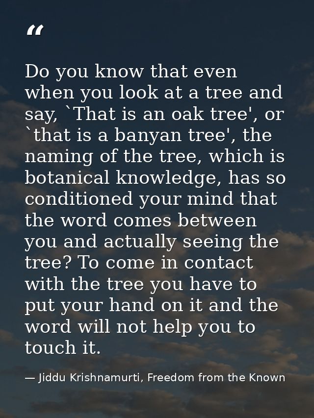 Do you know that even when you look at a tree and say, `That is an oak tree', or `that is a banyan tree', the naming of  — Jiddu Krishnamurti, Freedom from the Known