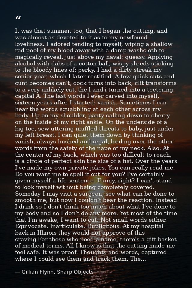 It was that summer, too, that I began the cutting, and was almost as devoted to it as to my newfound loveliness. I adore — Gillian Flynn, Sharp Objects