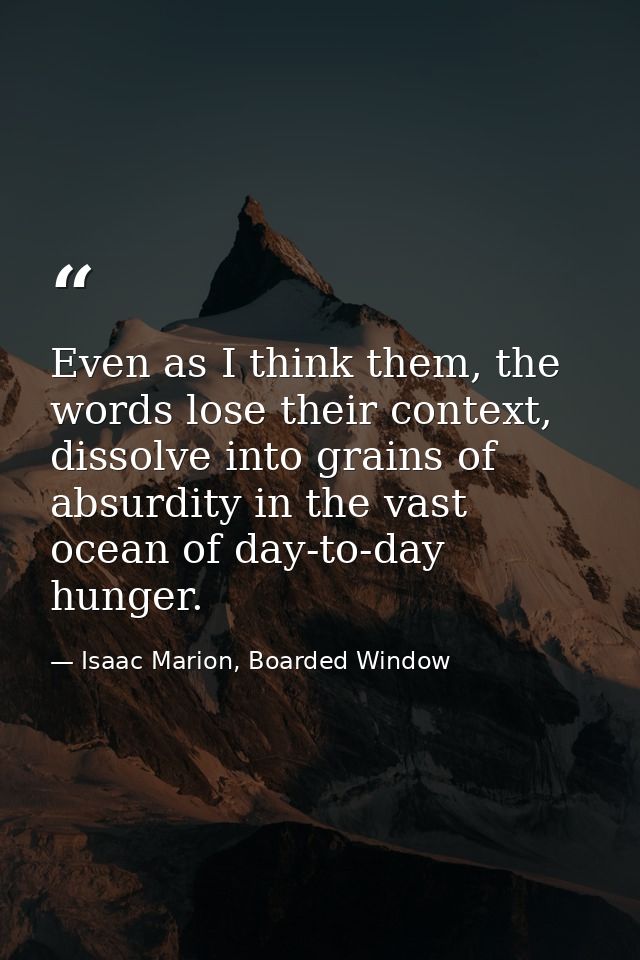 Even as I think them, the words lose their context, dissolve into grains of absurdity in the vast ocean of day-to-day hu — Isaac Marion, Boarded Window
