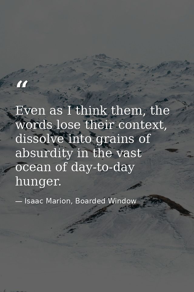 Even as I think them, the words lose their context, dissolve into grains of absurdity in the vast ocean of day-to-day hu — Isaac Marion, Boarded Window