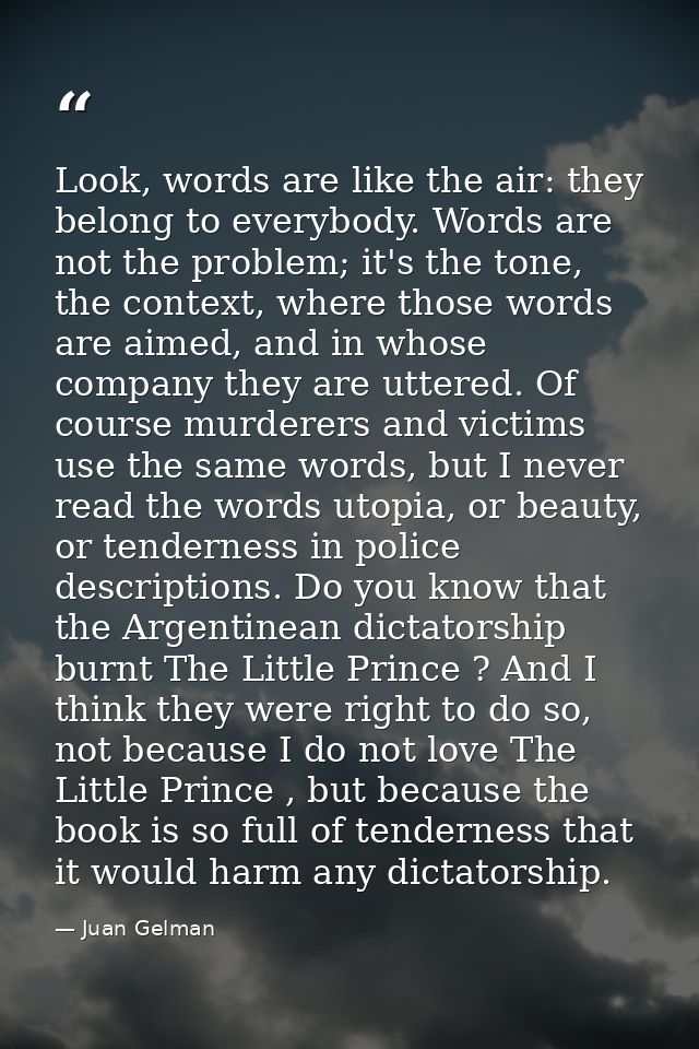 Look, words are like the air: they belong to everybody. Words are not the problem; it's the tone, the context, where tho — Juan Gelman