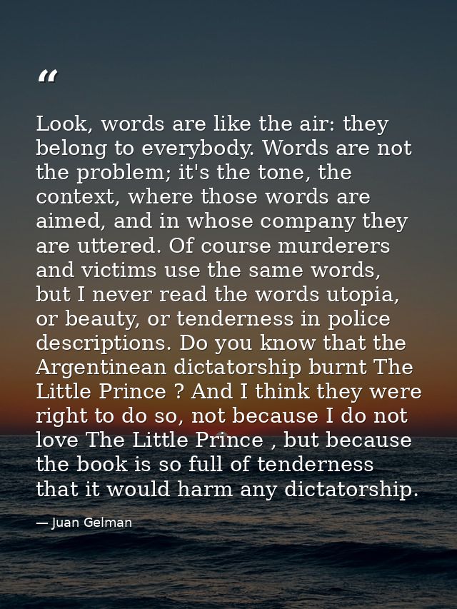 Look, words are like the air: they belong to everybody. Words are not the problem; it's the tone, the context, where tho — Juan Gelman