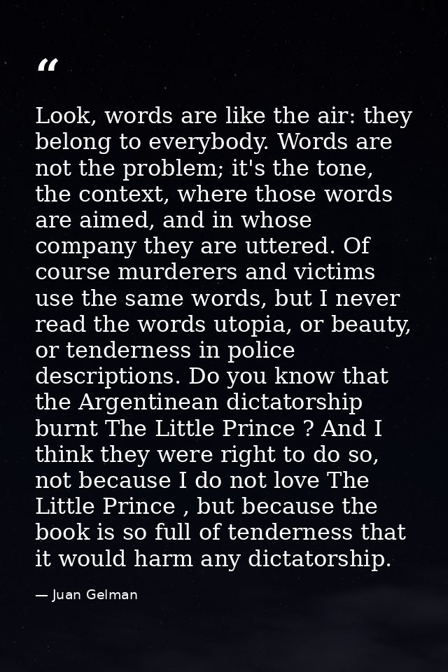 Look, words are like the air: they belong to everybody. Words are not the problem; it's the tone, the context, where tho — Juan Gelman