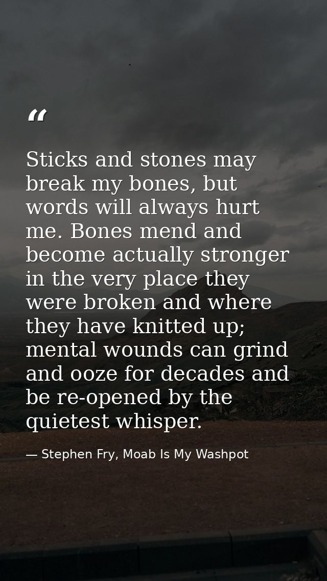Sticks and stones may break my bones, but words will always hurt me. Bones mend and become actually stronger in the very — Stephen Fry, Moab Is My Washpot