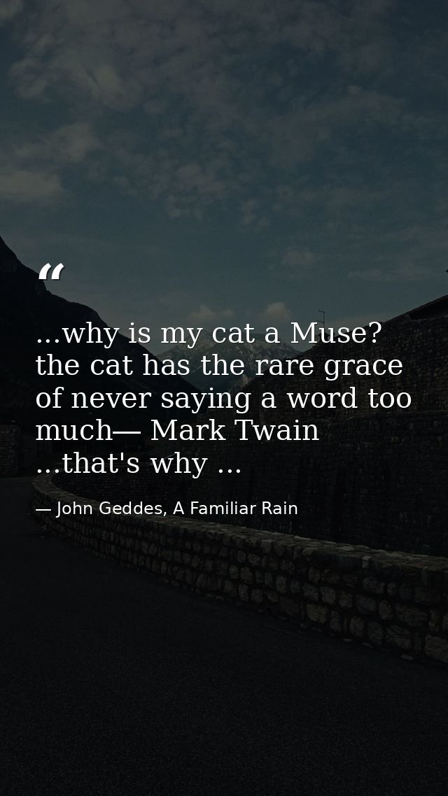 ...why is my cat a Muse? the cat has the rare grace of never saying a word too much― Mark Twain ...that's why ... — John Geddes, A Familiar Rain