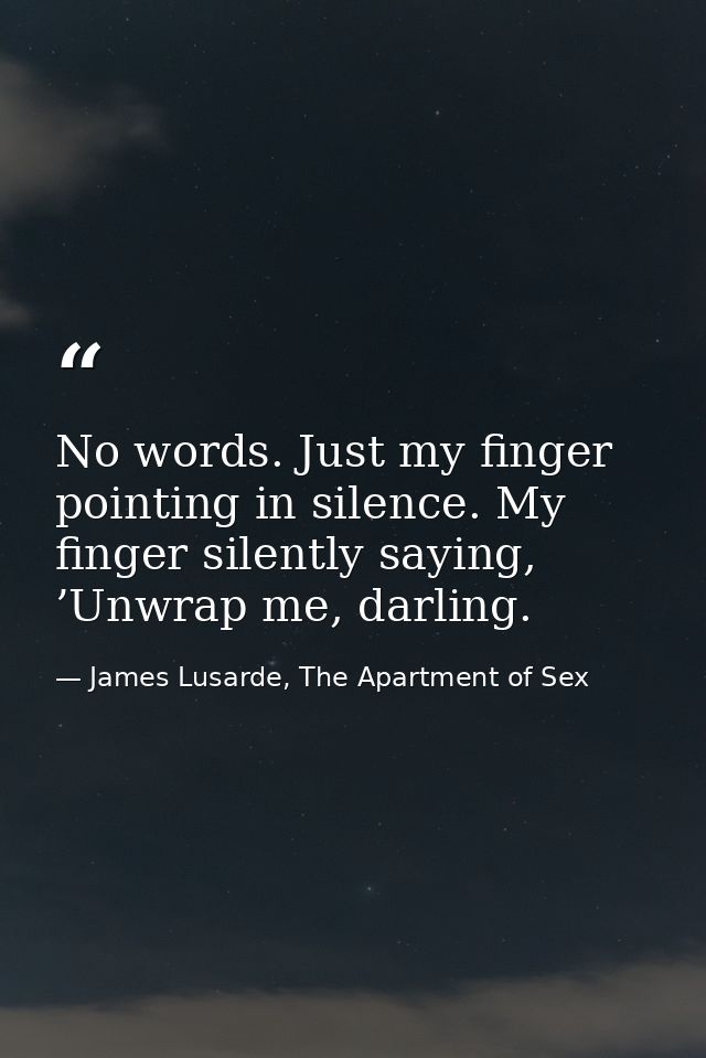 No words. Just my finger pointing in silence. My finger silently saying, ’Unwrap me, darling. — James Lusarde, The Apartment of Sex