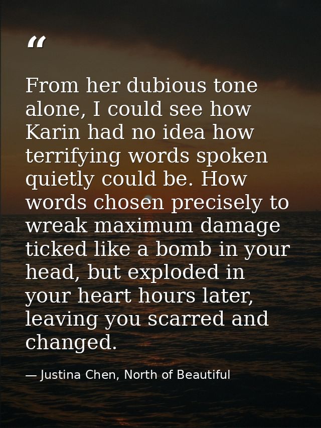 From her dubious tone alone, I could see how Karin had no idea how terrifying words spoken quietly could be. How words c — Justina Chen, North of Beautiful