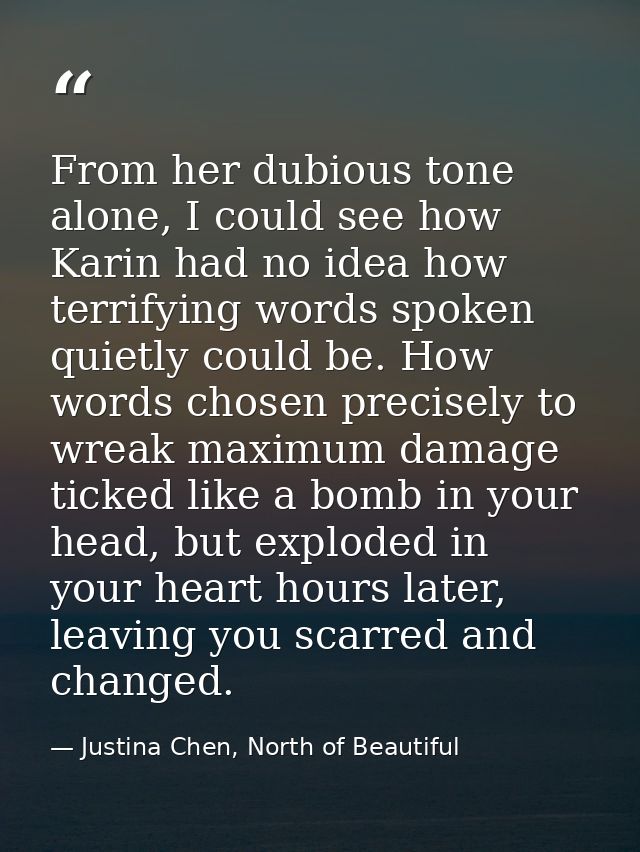 From her dubious tone alone, I could see how Karin had no idea how terrifying words spoken quietly could be. How words c — Justina Chen, North of Beautiful