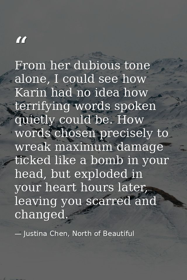 From her dubious tone alone, I could see how Karin had no idea how terrifying words spoken quietly could be. How words c — Justina Chen, North of Beautiful