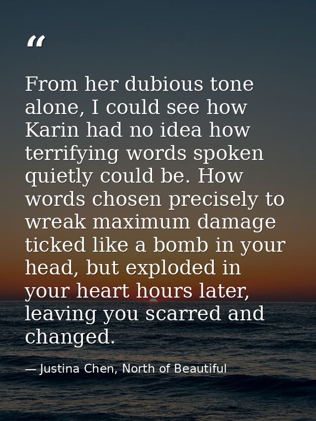From her dubious tone alone, I could see how Karin had no idea how terrifying words spoken quietly could be. How words c — Justina Chen, North of Beautiful