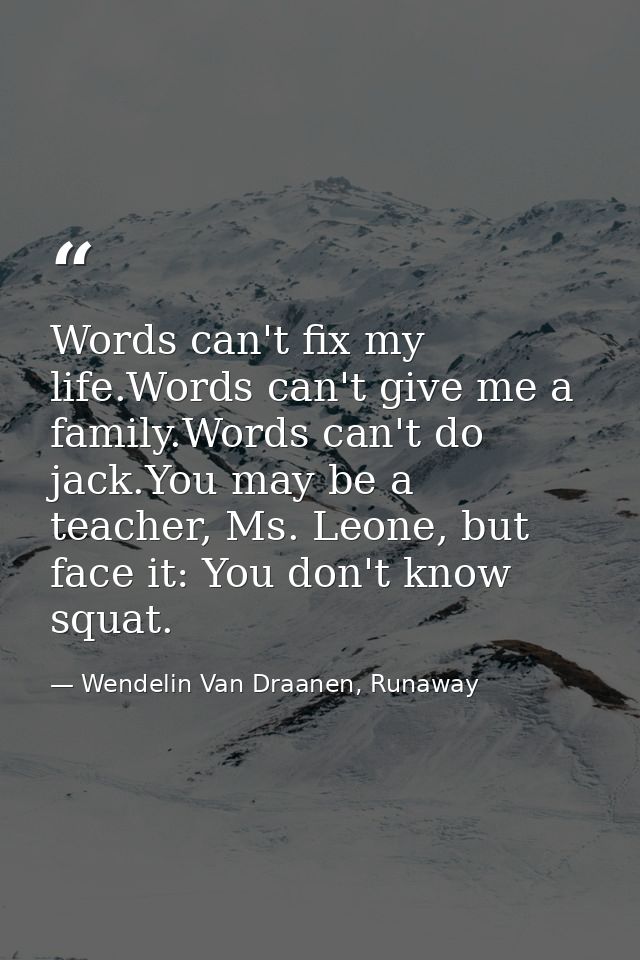 Words can't fix my life.Words can't give me a family.Words can't do jack.You may be a teacher, Ms. Leone, but face it: Y — Wendelin Van Draanen, Runaway