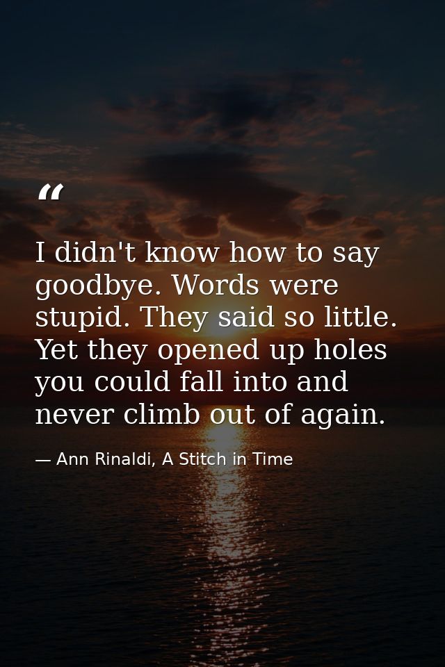 I didn't know how to say goodbye. Words were stupid. They said so little. Yet they opened up holes you could fall into a — Ann Rinaldi, A Stitch in Time