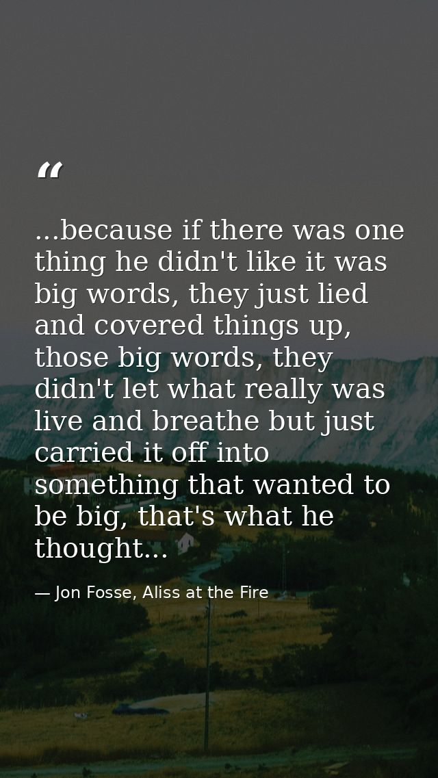 ...because if there was one thing he didn't like it was big words, they just lied and covered things up, those big words — Jon Fosse, Aliss at the Fire