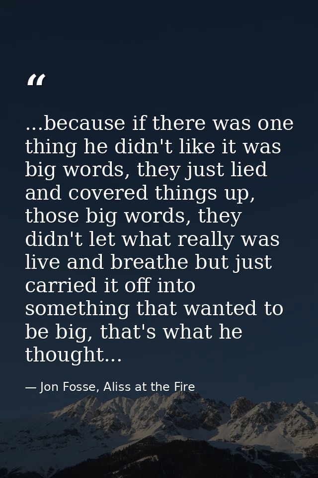 ...because if there was one thing he didn't like it was big words, they just lied and covered things up, those big words — Jon Fosse, Aliss at the Fire