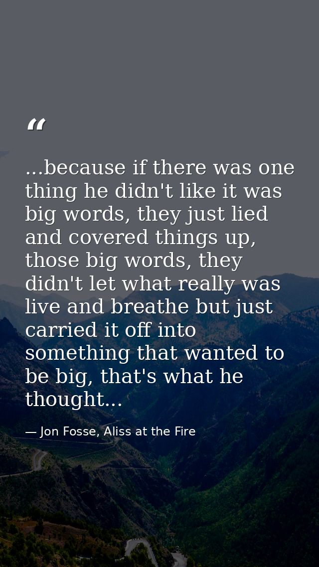 ...because if there was one thing he didn't like it was big words, they just lied and covered things up, those big words — Jon Fosse, Aliss at the Fire