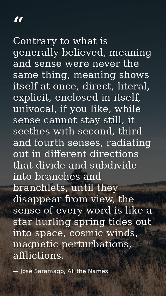 Contrary to what is generally believed, meaning and sense were never the same thing, meaning shows itself at once, direc — José Saramago, All the Names