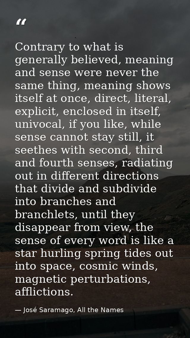 Contrary to what is generally believed, meaning and sense were never the same thing, meaning shows itself at once, direc — José Saramago, All the Names