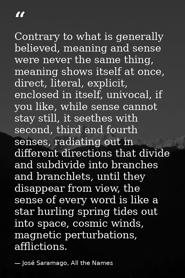 Contrary to what is generally believed, meaning and sense were never the same thing, meaning shows itself at once, direc — José Saramago, All the Names