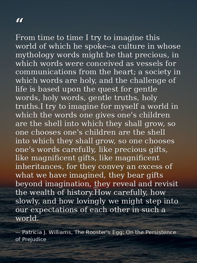 From time to time I try to imagine this world of which he spoke--a culture in whose mythology words might be that precio — Patricia J. Williams, The Rooster's Egg: On the Persistence of Prejudice