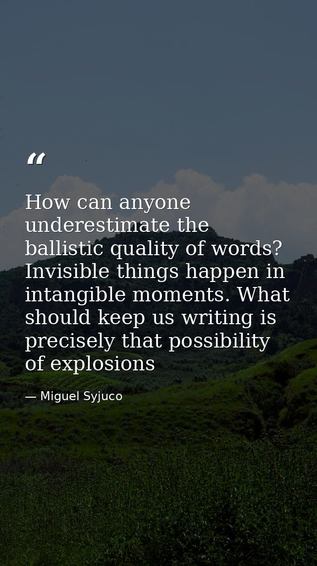 How can anyone underestimate the ballistic quality of words? Invisible things happen in intangible moments. What should  — Miguel Syjuco