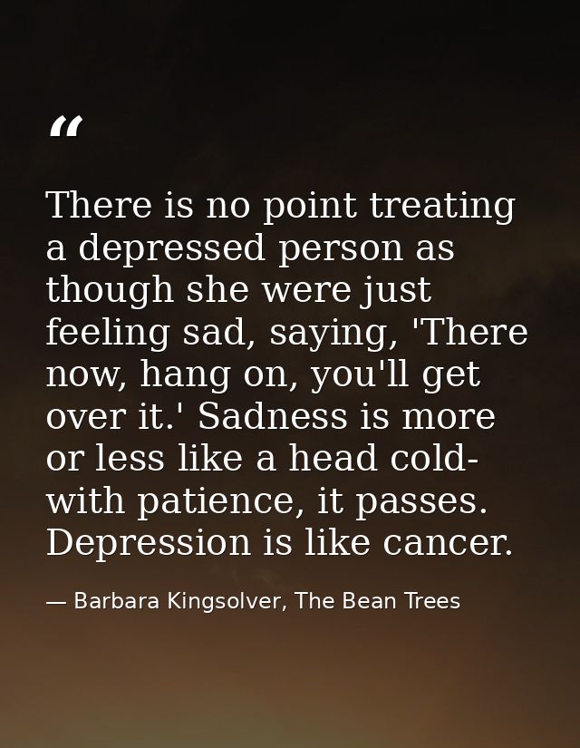 There is no point treating a depressed person as though she were just feeling sad, saying, 'There now, hang on, you'll g — Barbara Kingsolver, The Bean Trees