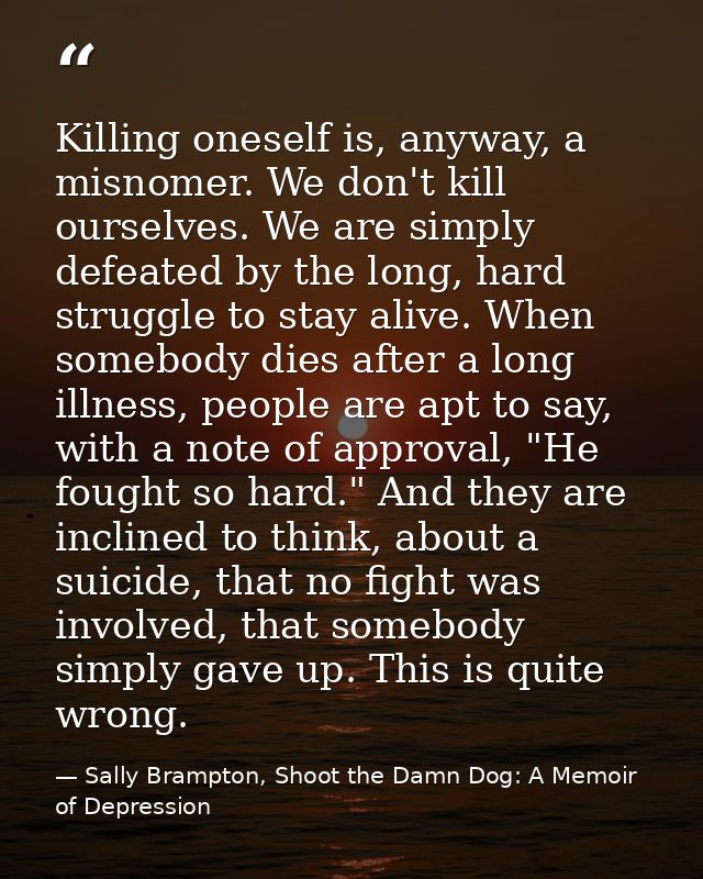 Killing oneself is, anyway, a misnomer. We don't kill ourselves. We are simply defeated by the long, hard struggle to st — Sally Brampton, Shoot the Damn Dog: A Memoir of Depression