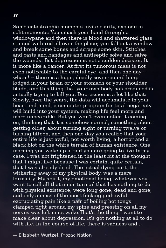 Some catastrophic moments invite clarity, explode in split moments: You smash your hand through a windowpane and then th — Elizabeth Wurtzel, Prozac Nation