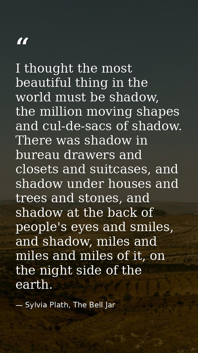 I thought the most beautiful thing in the world must be shadow, the million moving shapes and cul-de-sacs of shadow. The — Sylvia Plath, The Bell Jar