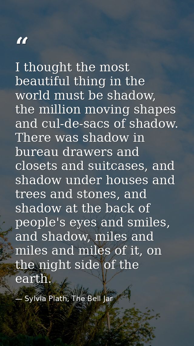 I thought the most beautiful thing in the world must be shadow, the million moving shapes and cul-de-sacs of shadow. The — Sylvia Plath, The Bell Jar