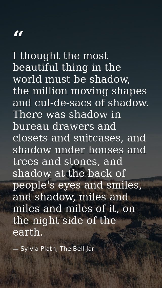 I thought the most beautiful thing in the world must be shadow, the million moving shapes and cul-de-sacs of shadow. The — Sylvia Plath, The Bell Jar