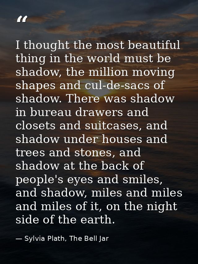 I thought the most beautiful thing in the world must be shadow, the million moving shapes and cul-de-sacs of shadow. The — Sylvia Plath, The Bell Jar