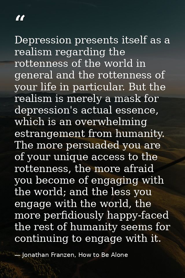 Depression presents itself as a realism regarding the rottenness of the world in general and the rottenness of your life — Jonathan Franzen, How to Be Alone