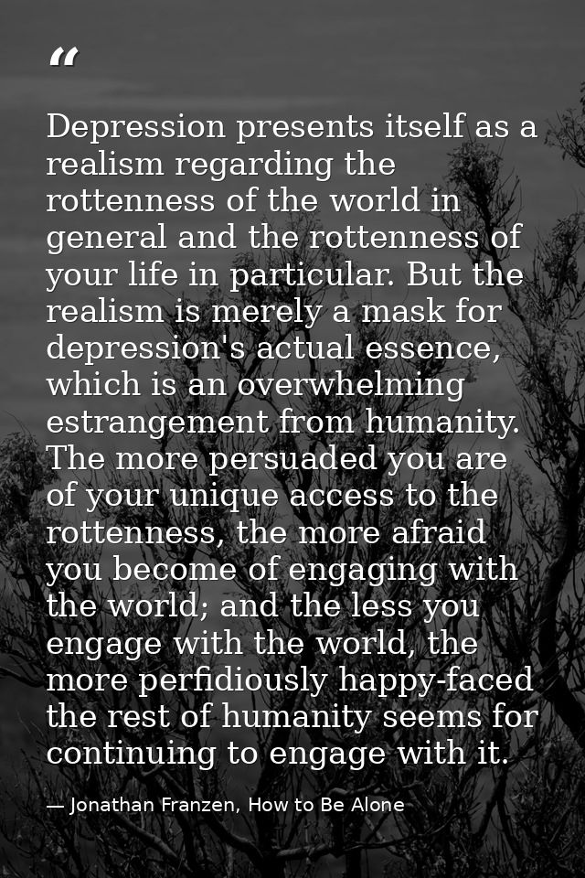 Depression presents itself as a realism regarding the rottenness of the world in general and the rottenness of your life — Jonathan Franzen, How to Be Alone