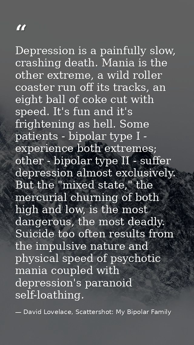Depression is a painfully slow, crashing death. Mania is the other extreme, a wild roller coaster run off its tracks, an — David Lovelace, Scattershot: My Bipolar Family