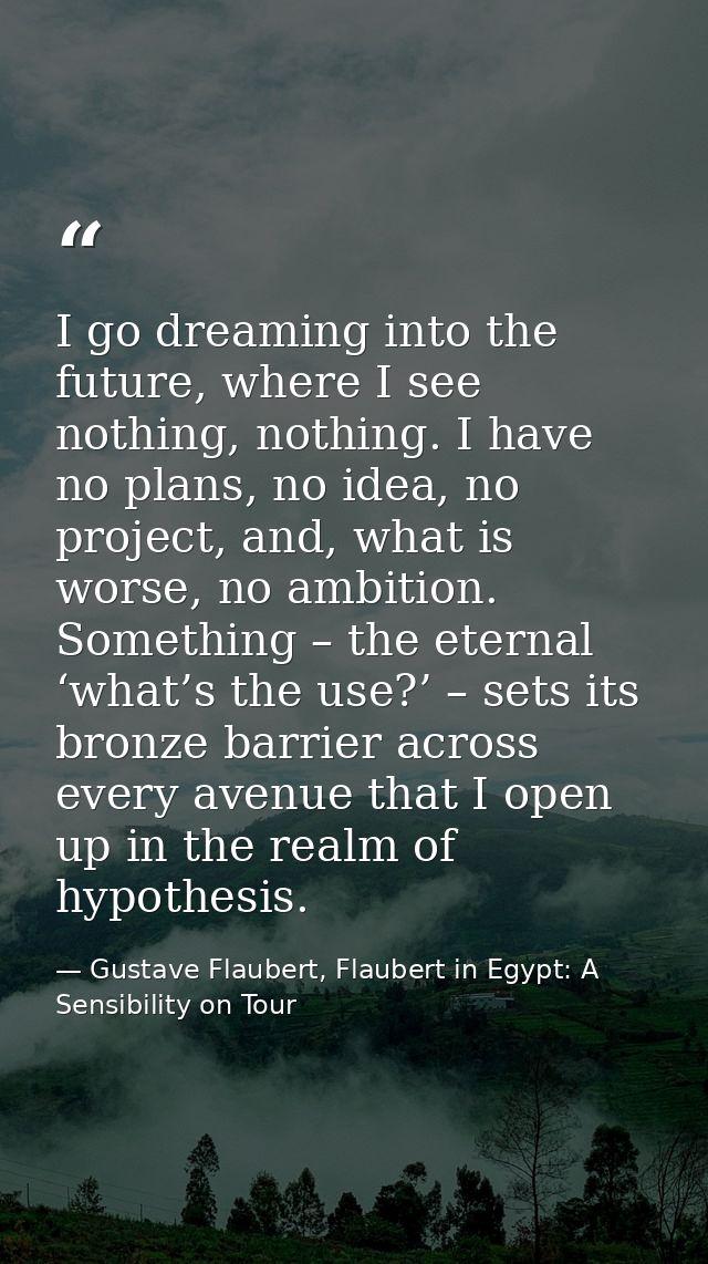 I go dreaming into the future, where I see nothing, nothing. I have no plans, no idea, no project, and, what is worse, n — Gustave Flaubert, Flaubert in Egypt: A Sensibility on Tour