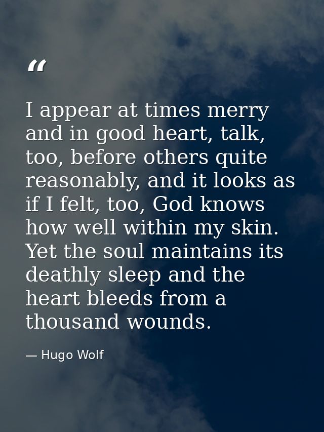 I appear at times merry and in good heart, talk, too, before others quite reasonably, and it looks as if I felt, too, Go — Hugo Wolf