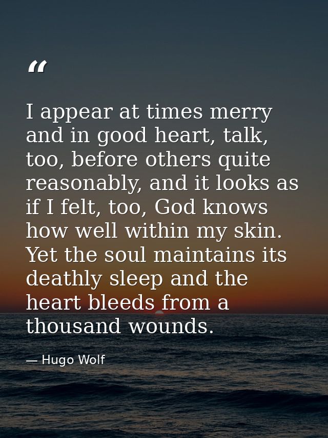 I appear at times merry and in good heart, talk, too, before others quite reasonably, and it looks as if I felt, too, Go — Hugo Wolf