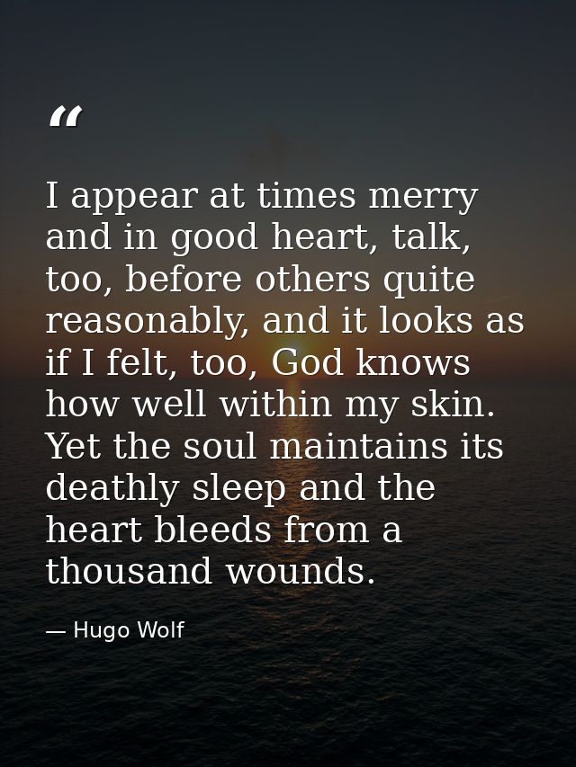 I appear at times merry and in good heart, talk, too, before others quite reasonably, and it looks as if I felt, too, Go — Hugo Wolf
