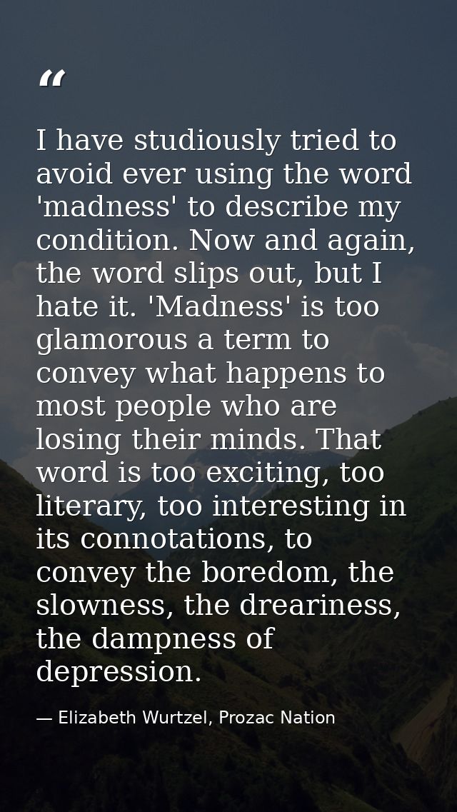 I have studiously tried to avoid ever using the word 'madness' to describe my condition. Now and again, the word slips o — Elizabeth Wurtzel, Prozac Nation