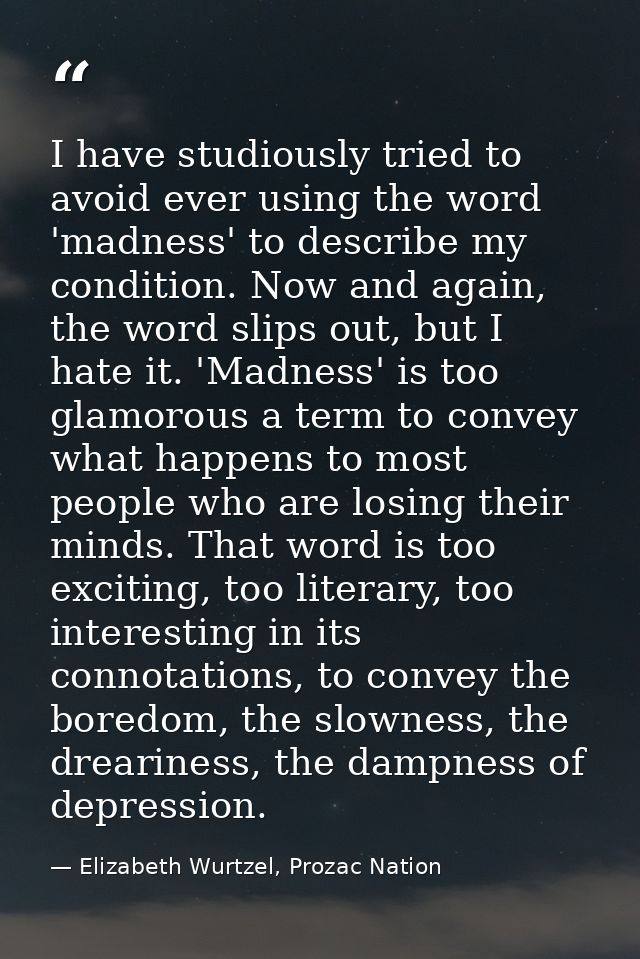 I have studiously tried to avoid ever using the word 'madness' to describe my condition. Now and again, the word slips o — Elizabeth Wurtzel, Prozac Nation