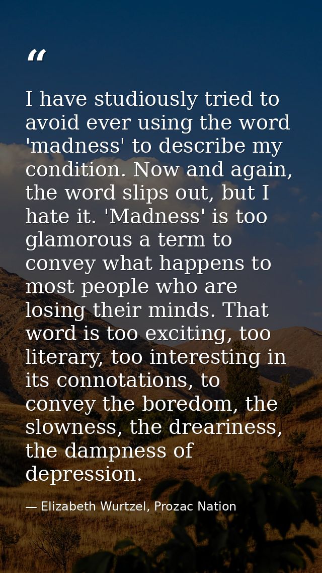 I have studiously tried to avoid ever using the word 'madness' to describe my condition. Now and again, the word slips o — Elizabeth Wurtzel, Prozac Nation