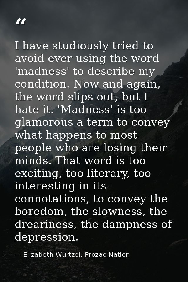 I have studiously tried to avoid ever using the word 'madness' to describe my condition. Now and again, the word slips o — Elizabeth Wurtzel, Prozac Nation