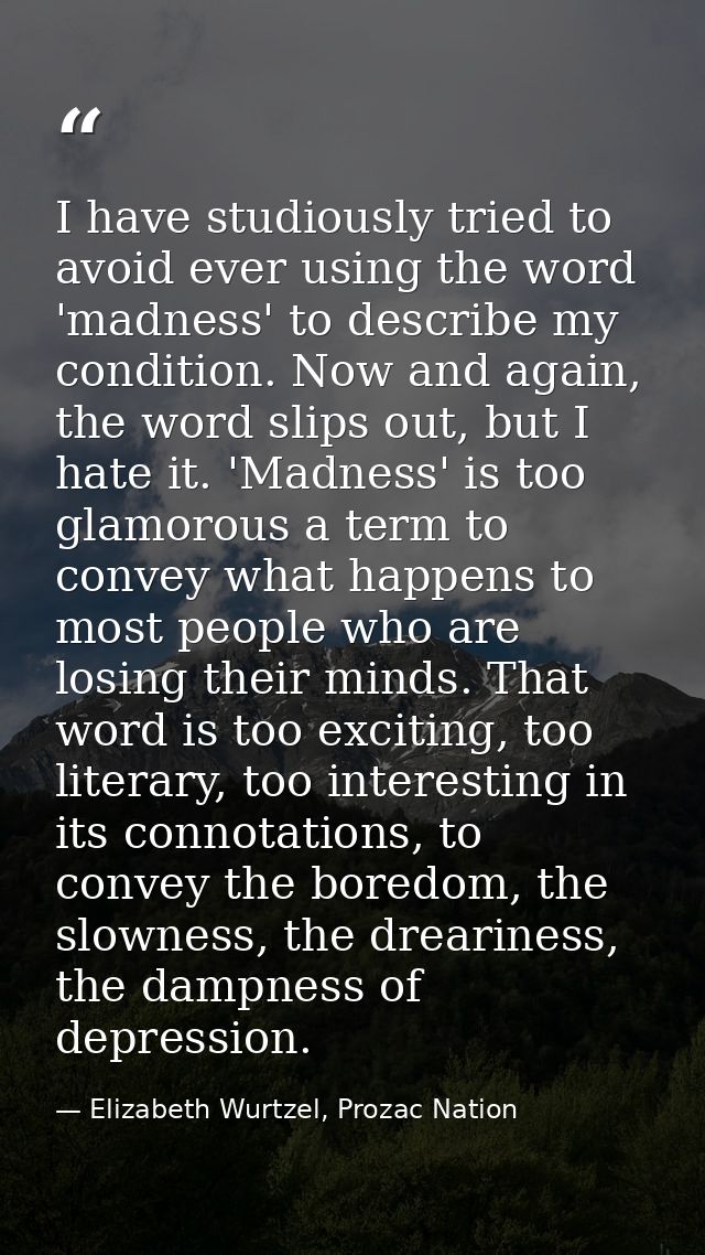 I have studiously tried to avoid ever using the word 'madness' to describe my condition. Now and again, the word slips o — Elizabeth Wurtzel, Prozac Nation