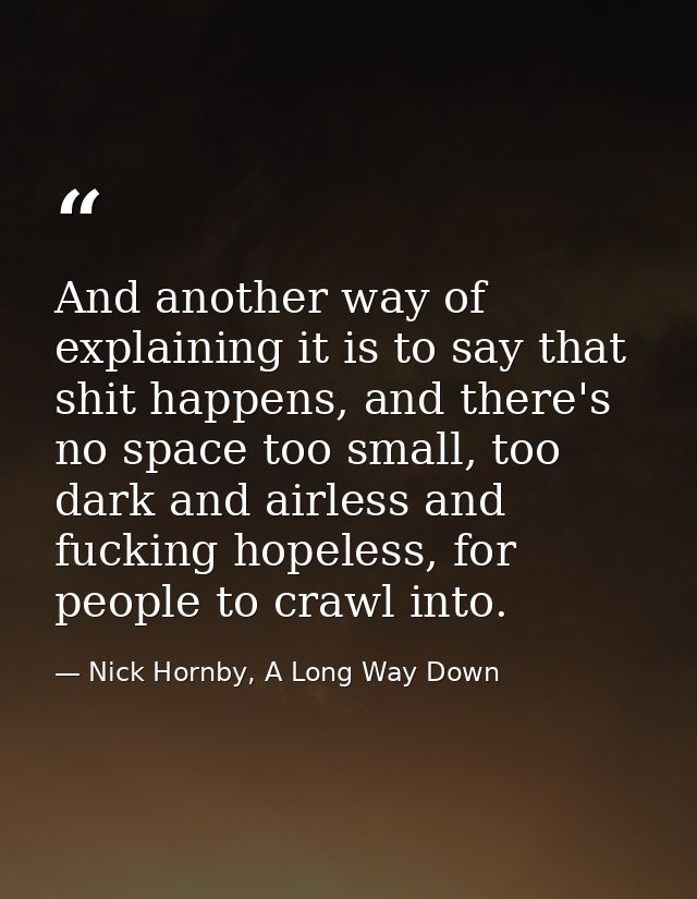 And another way of explaining it is to say that shit happens, and there's no space too small, too dark and airless and f — Nick Hornby, A Long Way Down