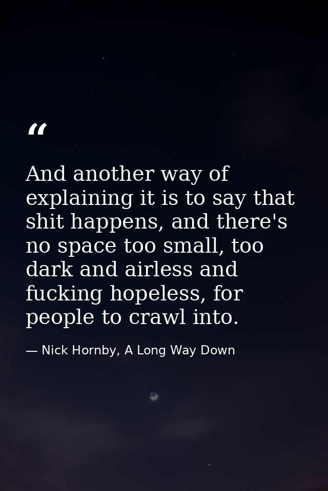 And another way of explaining it is to say that shit happens, and there's no space too small, too dark and airless and f — Nick Hornby, A Long Way Down
