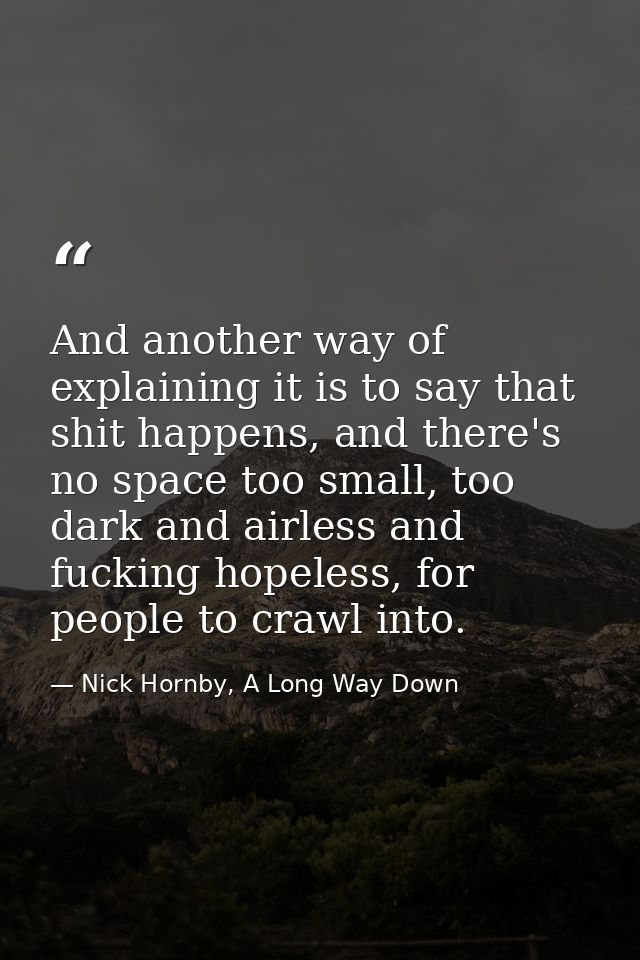 And another way of explaining it is to say that shit happens, and there's no space too small, too dark and airless and f — Nick Hornby, A Long Way Down