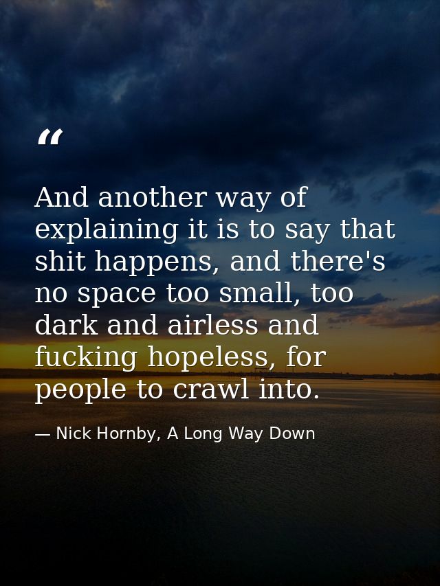 And another way of explaining it is to say that shit happens, and there's no space too small, too dark and airless and f — Nick Hornby, A Long Way Down