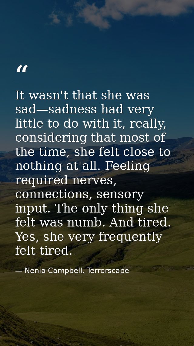 It wasn't that she was sad—sadness had very little to do with it, really, considering that most of the time, she felt cl — Nenia Campbell, Terrorscape