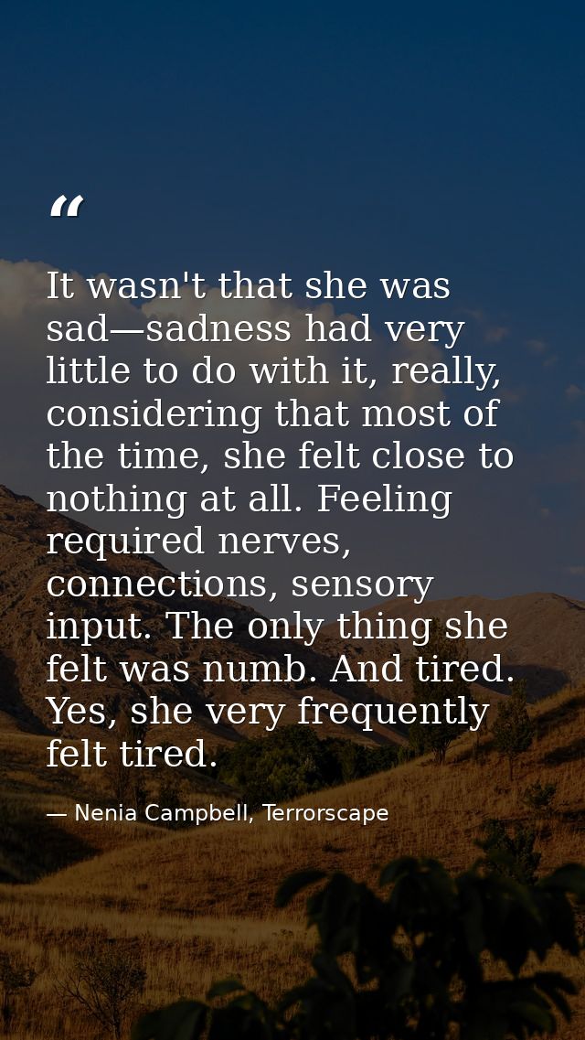 It wasn't that she was sad—sadness had very little to do with it, really, considering that most of the time, she felt cl — Nenia Campbell, Terrorscape